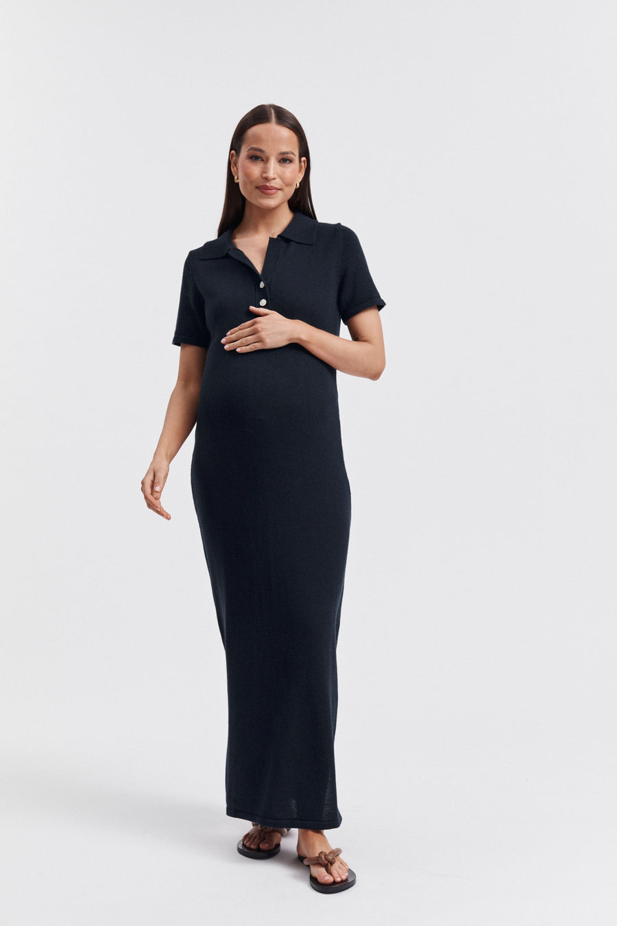 Maternity Linen Knit Polo Dress (Navy) 2