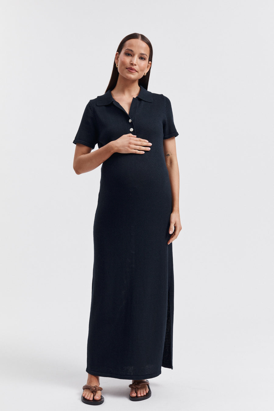 Maternity Linen Knit Polo Dress (Navy) 5