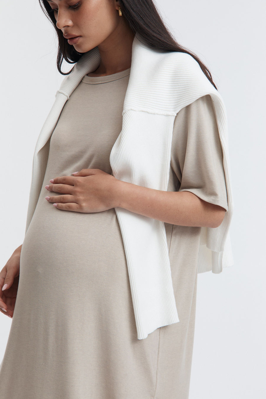 Maternity Merino Wool Relaxed T-Shirt Dress (Taupe) 10