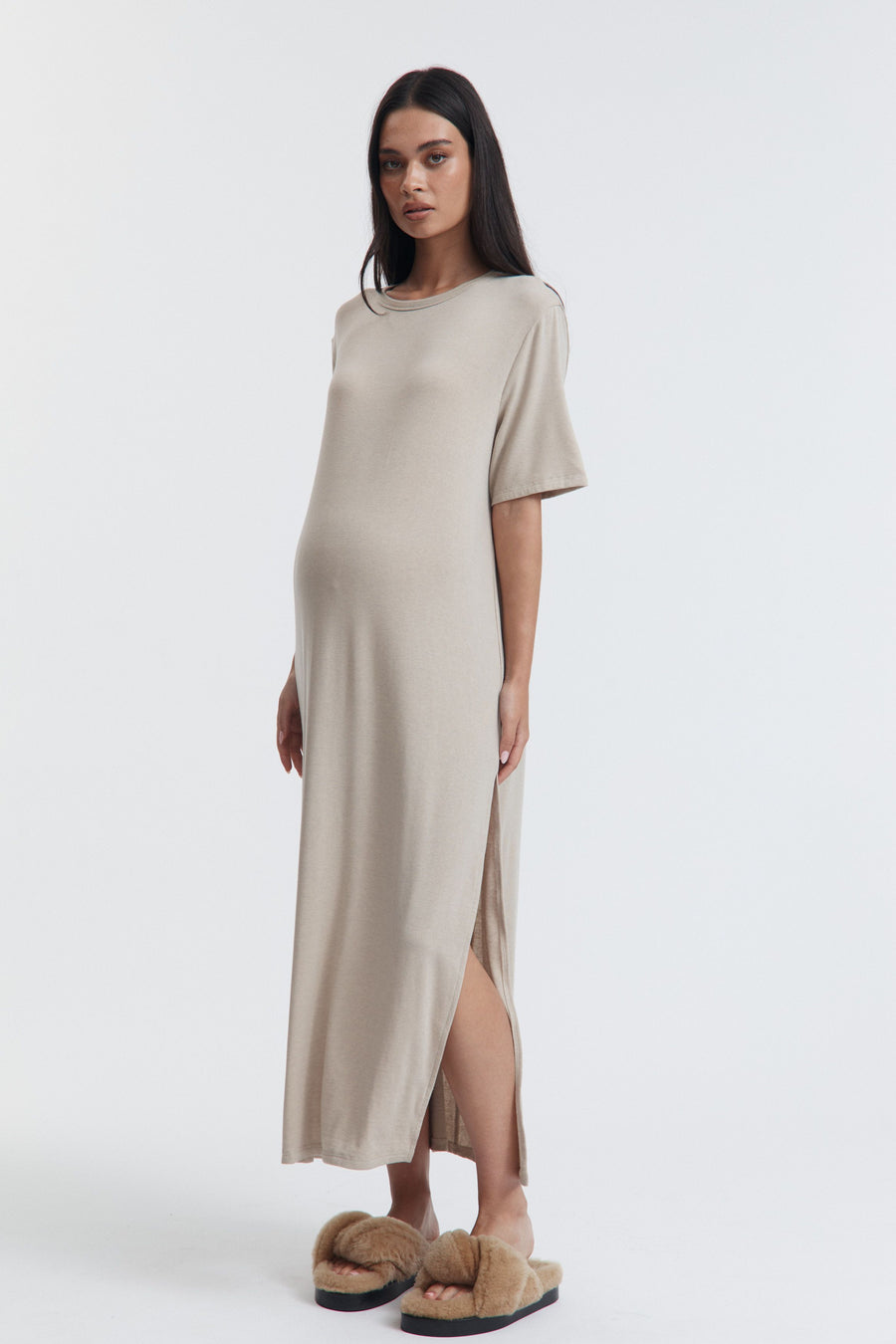 Maternity Merino Wool Relaxed T-Shirt Dress (Taupe) 1