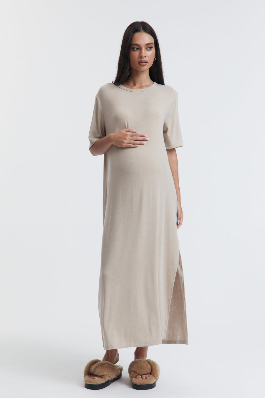 Maternity Merino Wool Relaxed T-Shirt Dress (Taupe) 3a