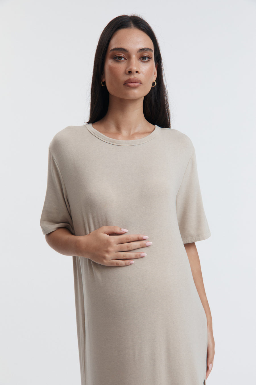 Maternity Merino Wool Relaxed T-Shirt Dress (Taupe ) 5a 