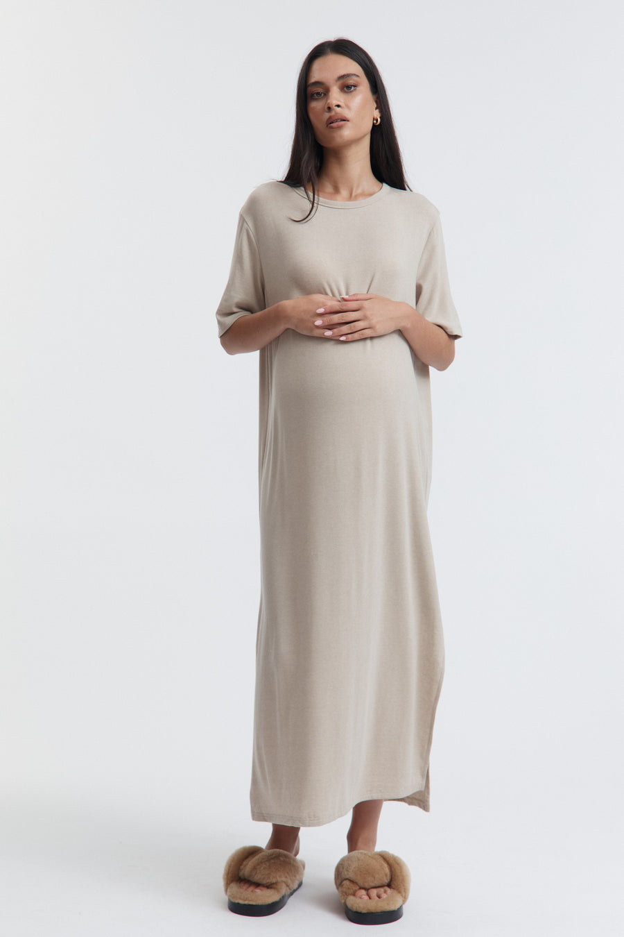 Maternity Merino Wool Relaxed T-Shirt Dress (Taupe) 7a