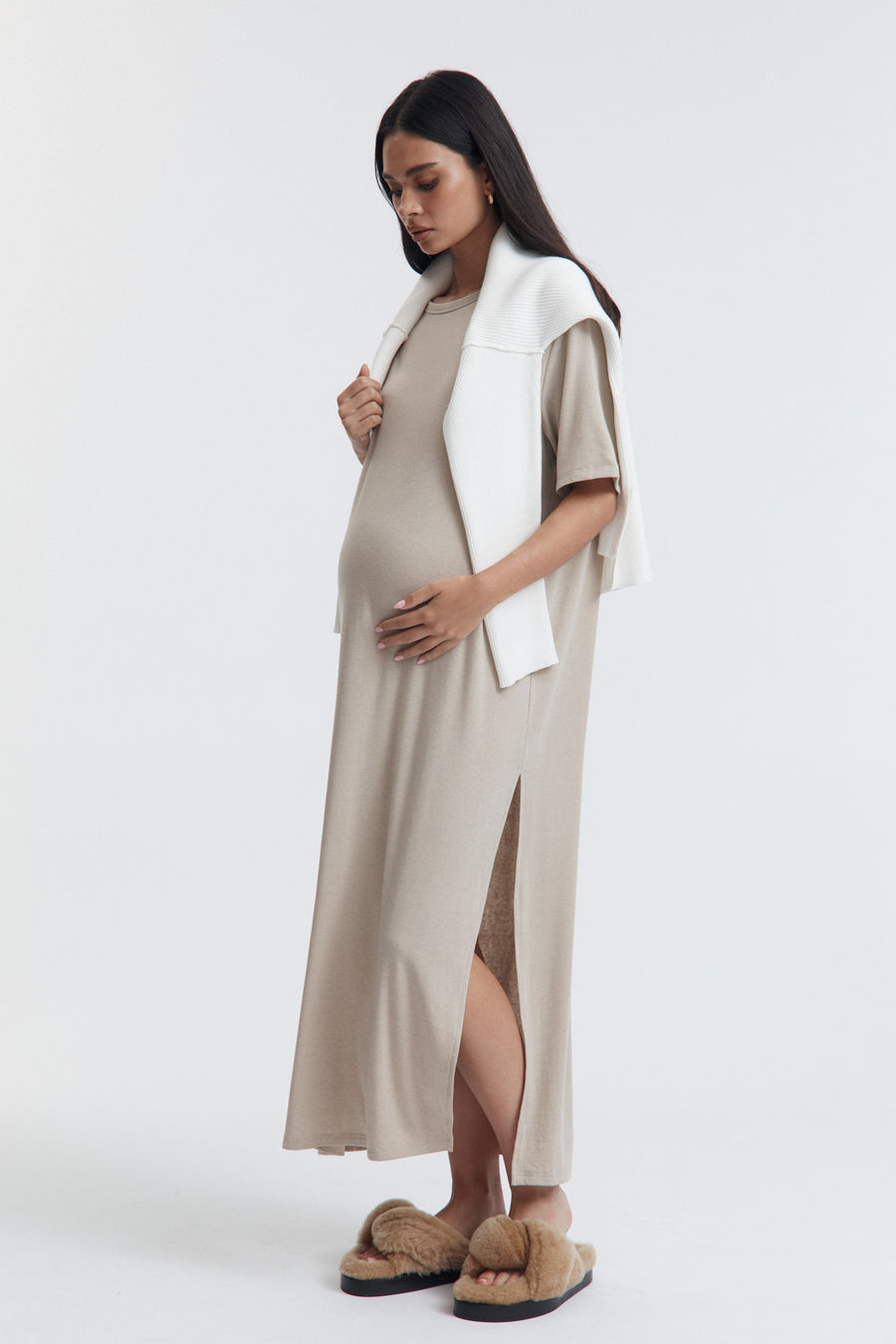 Maternity Merino Wool Relaxed T-Shirt Dress (Taupe) 9a