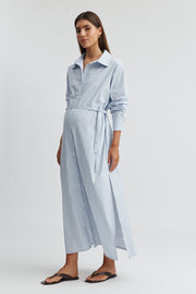 Maternity Poplin Maxi Shirt Dress (Blue Stripe) 2
