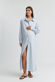 Maternity Poplin Maxi Shirt Dress (Blue Stripe) 4