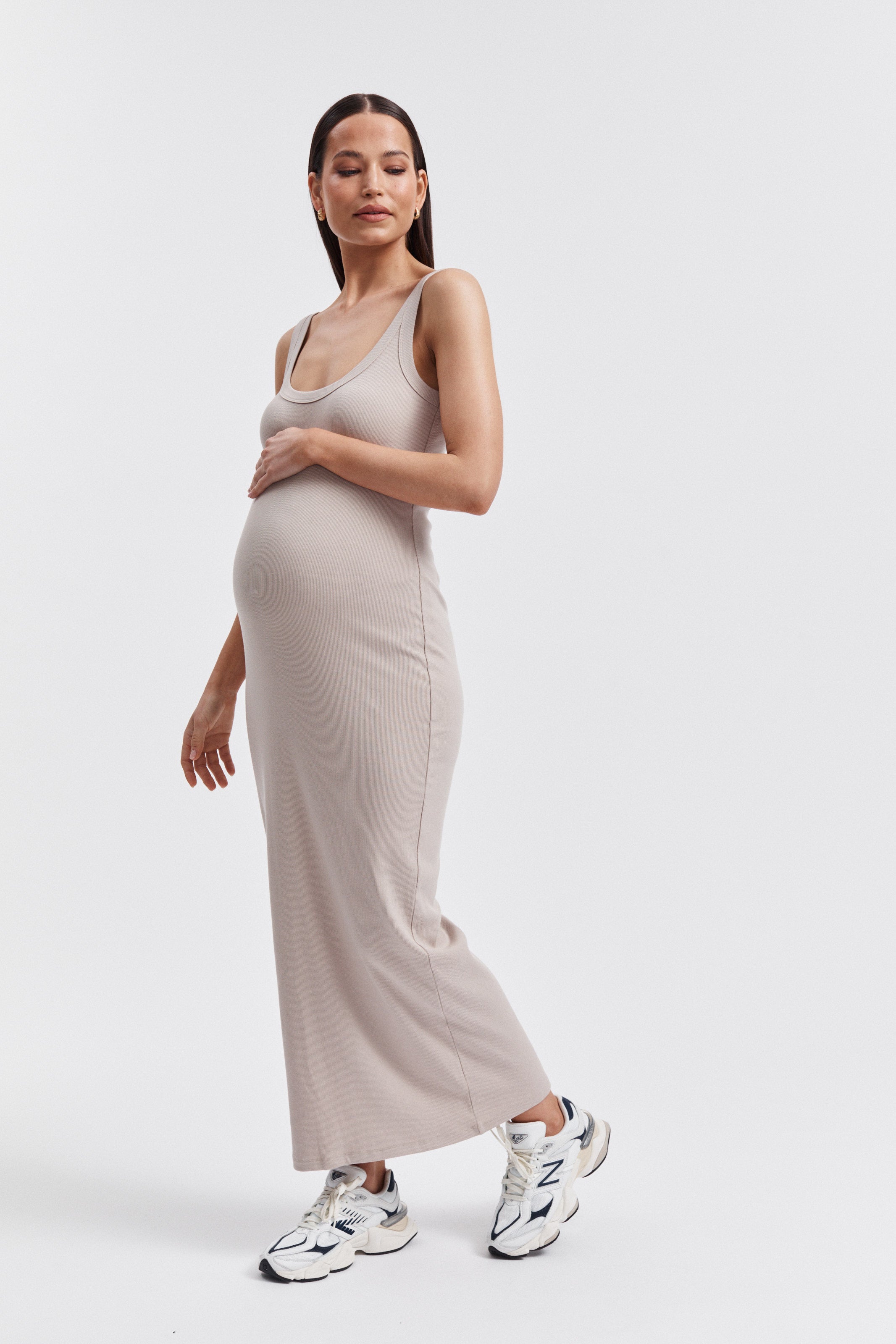 Maternity Ribbed Singlet Maxi Dress (Stone) 1