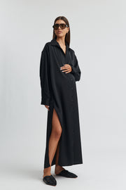 Maternity Satin Maxi Shirt Dress (Black) 1