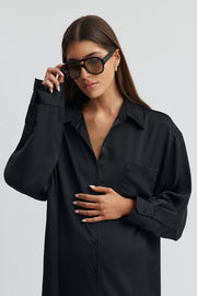 Maternity Satin Maxi Shirt Dress (Black) 2