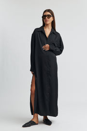 Maternity Satin Maxi Shirt Dress (Black) 3