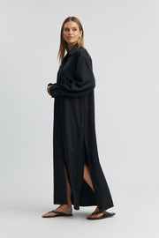 Maternity Satin Maxi Shirt Dress (Black) 6