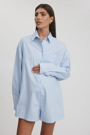 Maternity Stripe Cotton Poplin Romper (Sky Blue) 1