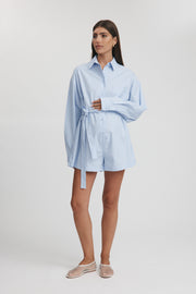Maternity Stripe Cotton Poplin Romper (Sky Blue) 8