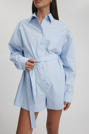 Maternity Stripe Cotton Poplin Romper (Sky Blue) 9