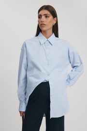 Maternity Stripe Cotton Poplin Shirt (Sky Blue) 5