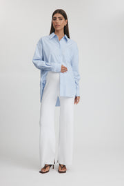 Maternity Stripe Cotton Poplin Shirt (Sky Blue) 8