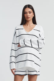 Maternity V Neck Knit Jumper (Stripe) 1