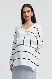 Maternity V Neck Knit Jumper (Stripe) 8