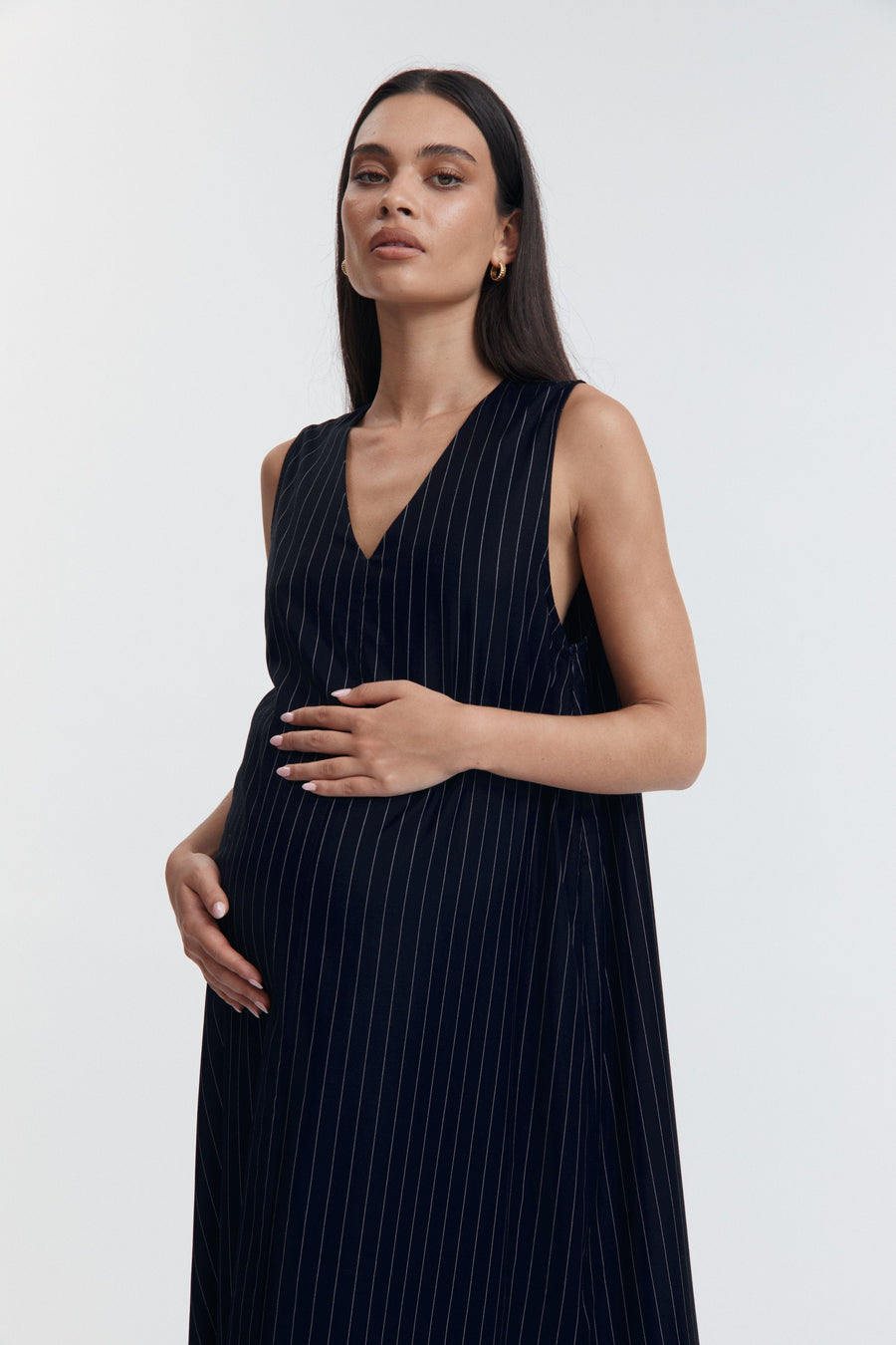 Maternity V Neck Pinstripe Dress (Navy Pinstripe) 4