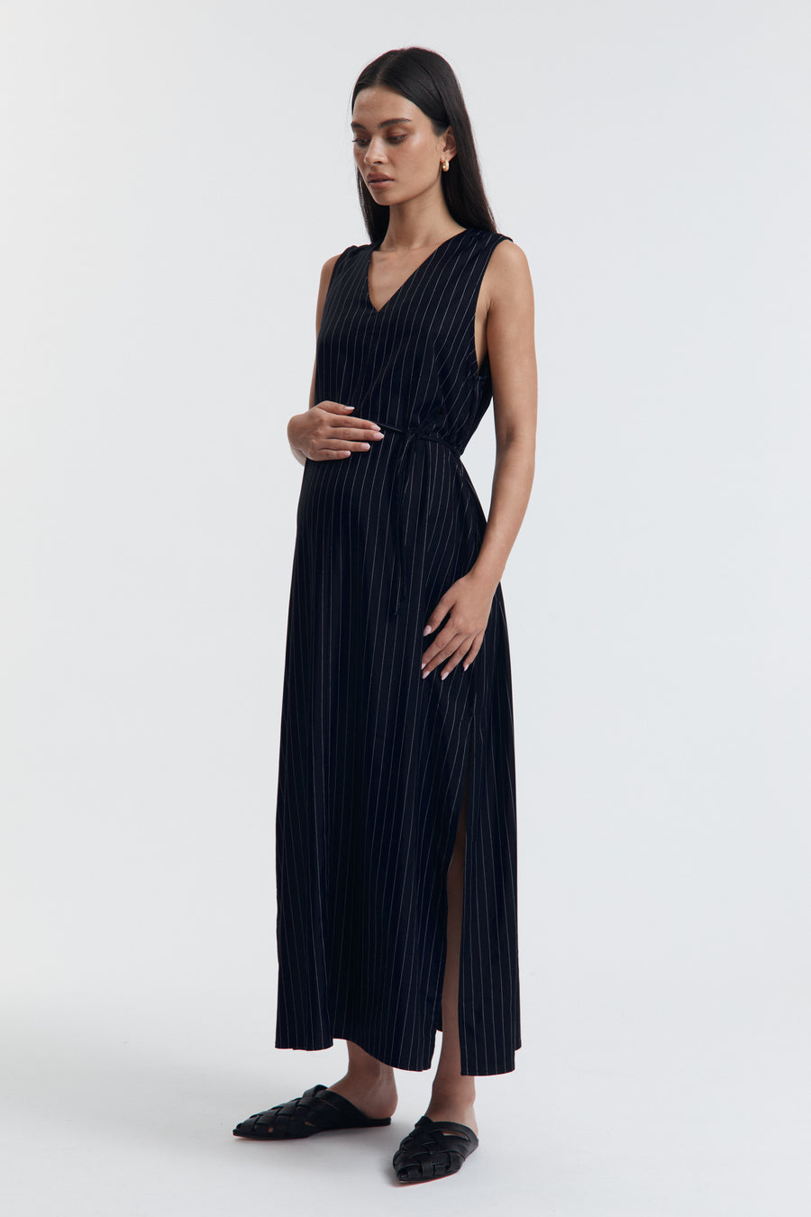 Maternity V Neck Pinstripe Dress (Navy Pinstripe) 5