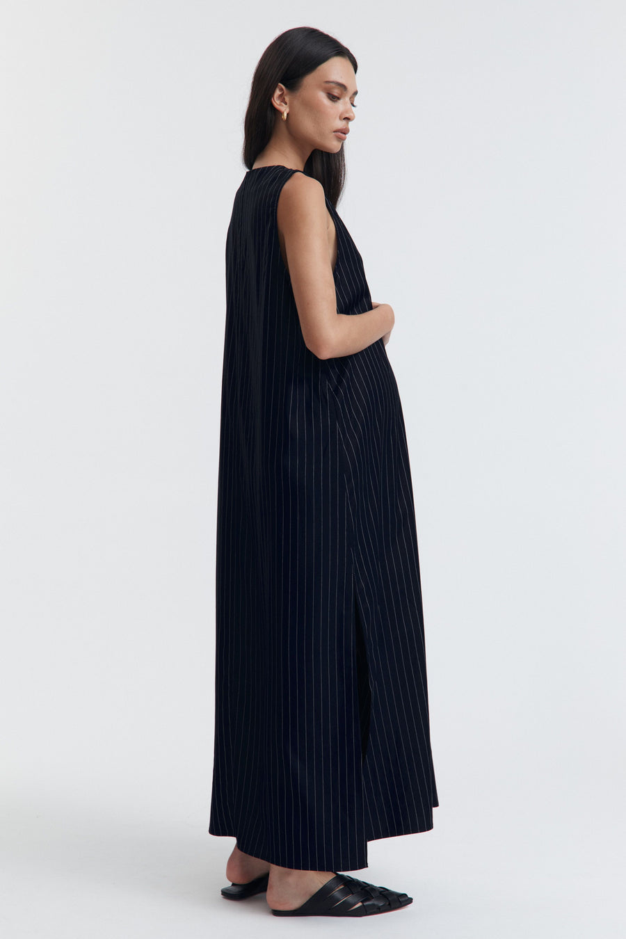 Maternity V Neck Pinstripe Dress (Navy Pinstripe) 8