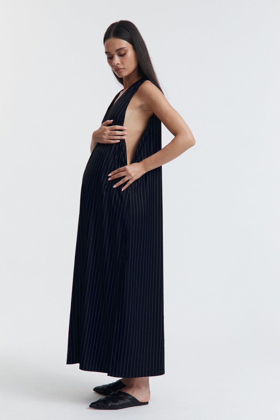 Maternity V Neck Pinstripe Dress (Navy Pinstripe) 9