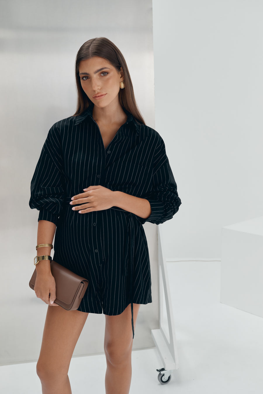 Navy Pinstripe Maternity Romper 1