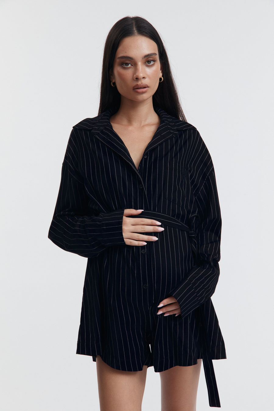 Navy Pinstripe Maternity Romper 8