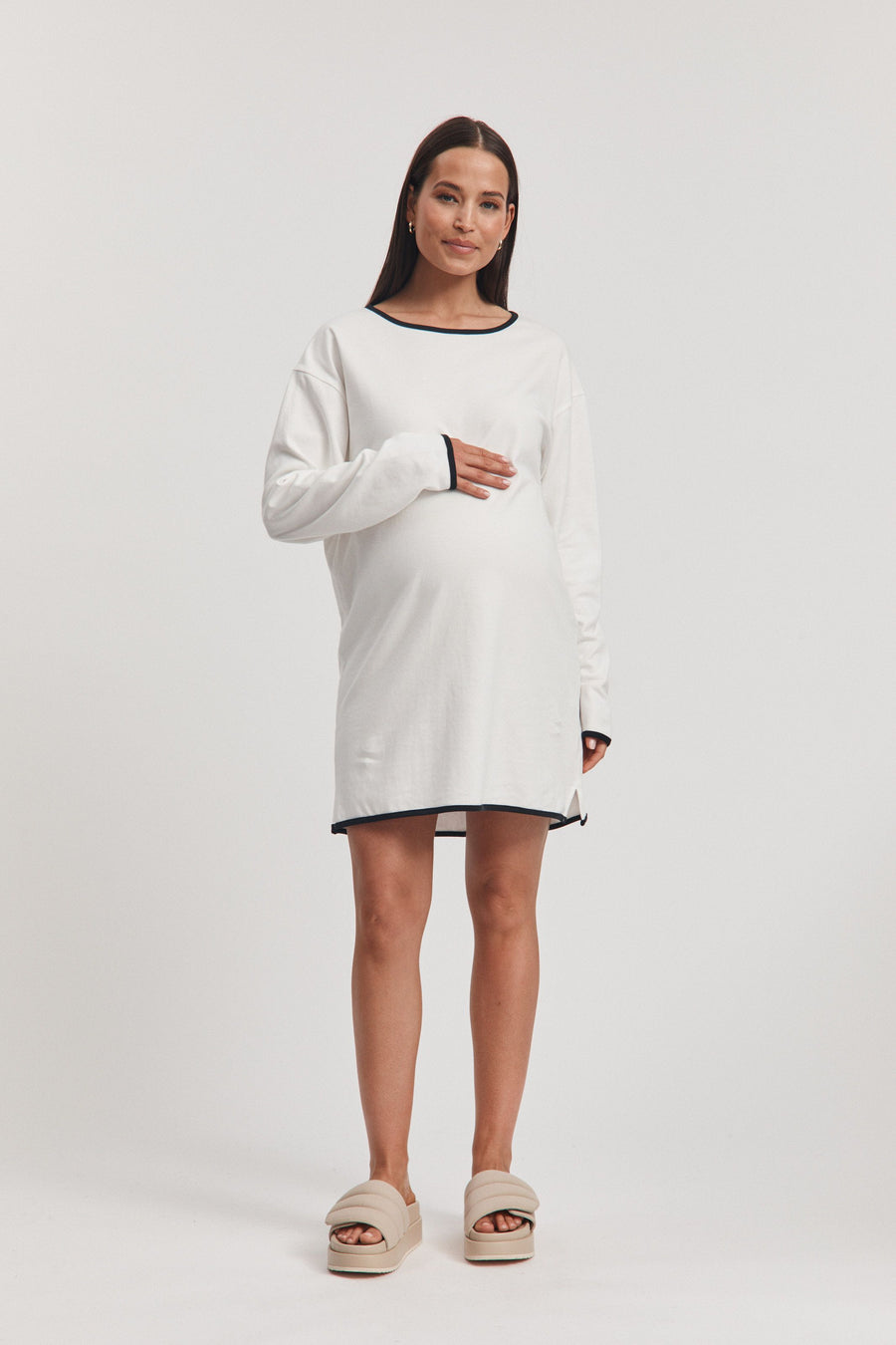 Organic Cotton LS Maternity Dress (White) 7