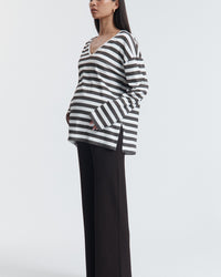Organic Cotton V Neck Maternity LS Tee (Chocolate Stripe) 1