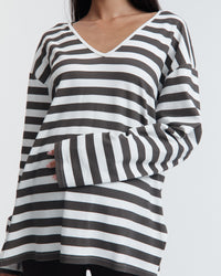 Organic Cotton V Neck Maternity LS Tee (Chocolate Stripe)  2