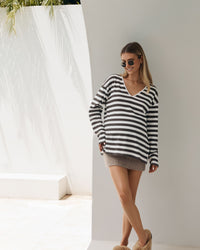 Organic Cotton V Neck Maternity LS Tee (Chocolate Stripe)  3