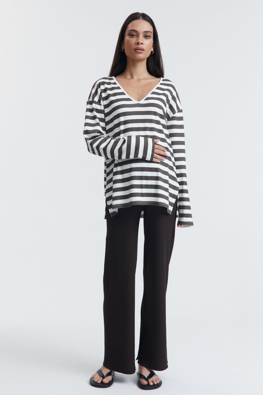 Organic Cotton V Neck Maternity LS Tee (Chocolate Stripe) 4