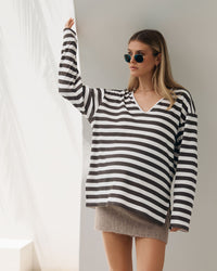 Organic Cotton V Neck Maternity LS Tee (Chocolate Stripe) 7