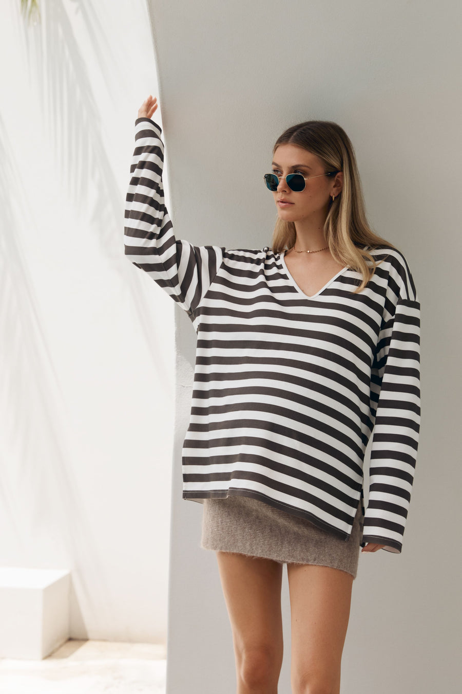 Organic Cotton V Neck Maternity LS Tee (Chocolate Stripe) 7