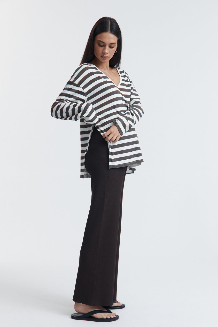 Organic Cotton V Neck Maternity LS Tee (Chocolate Stripe) 8