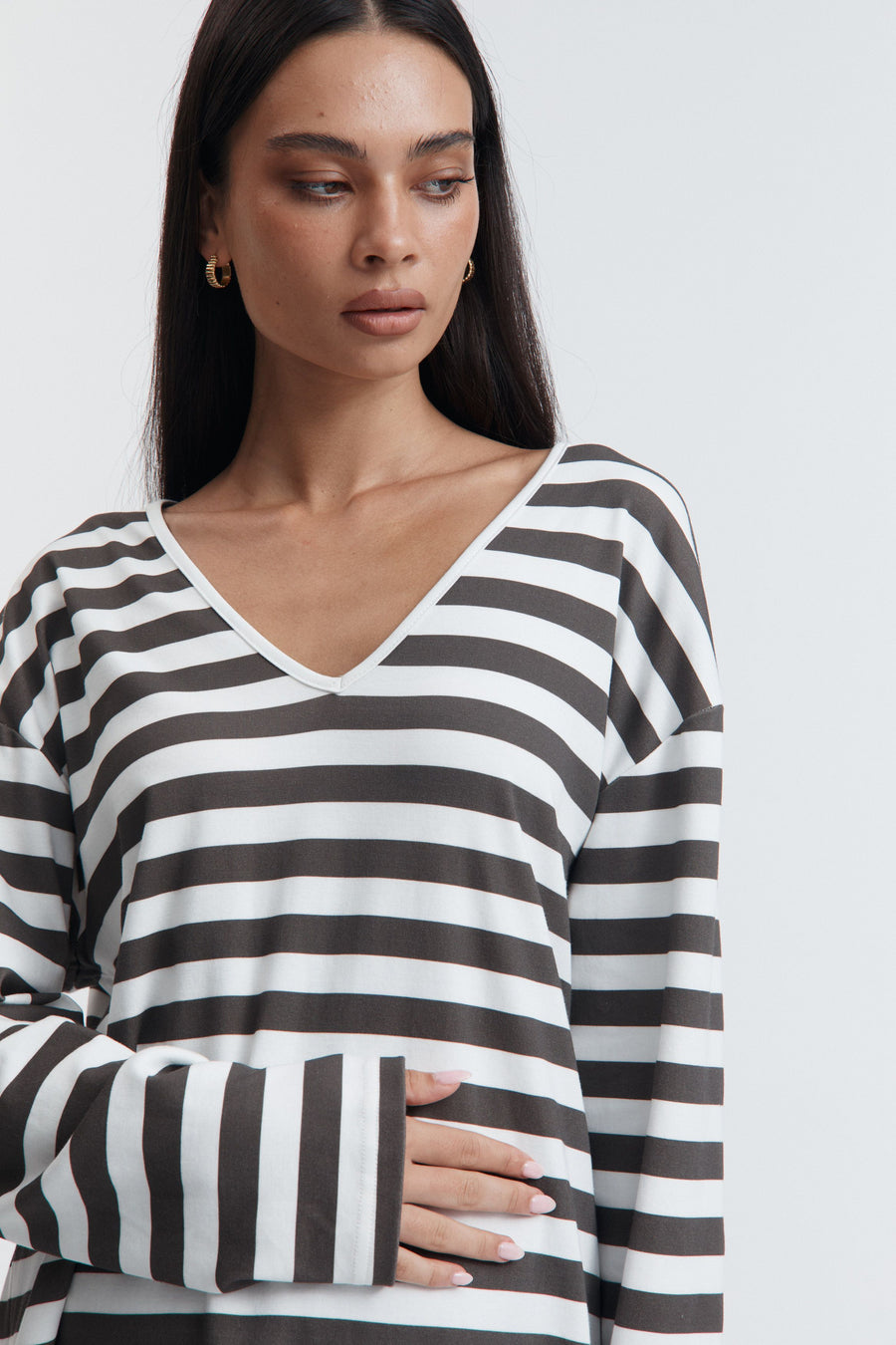 Organic Cotton V Neck Maternity LS Tee (Chocolate Stripe) 9