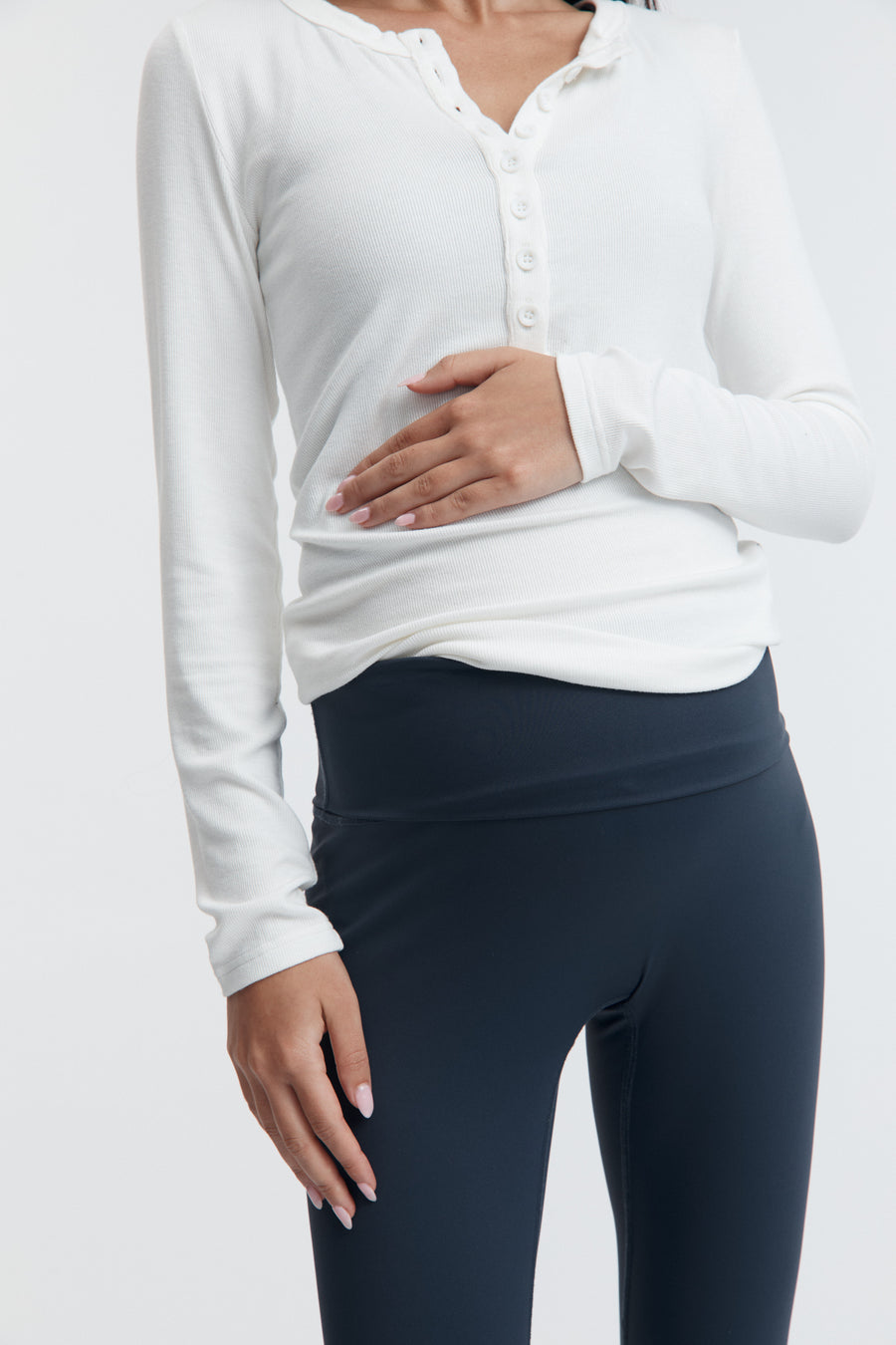 Premium Ribbed Maternity Henley Top (White) 2