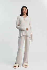 Ribbed Cotton Maternity Henley PJ Top (Dune) 1