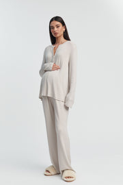 Ribbed Cotton Maternity Henley PJ Top (Dune) 3