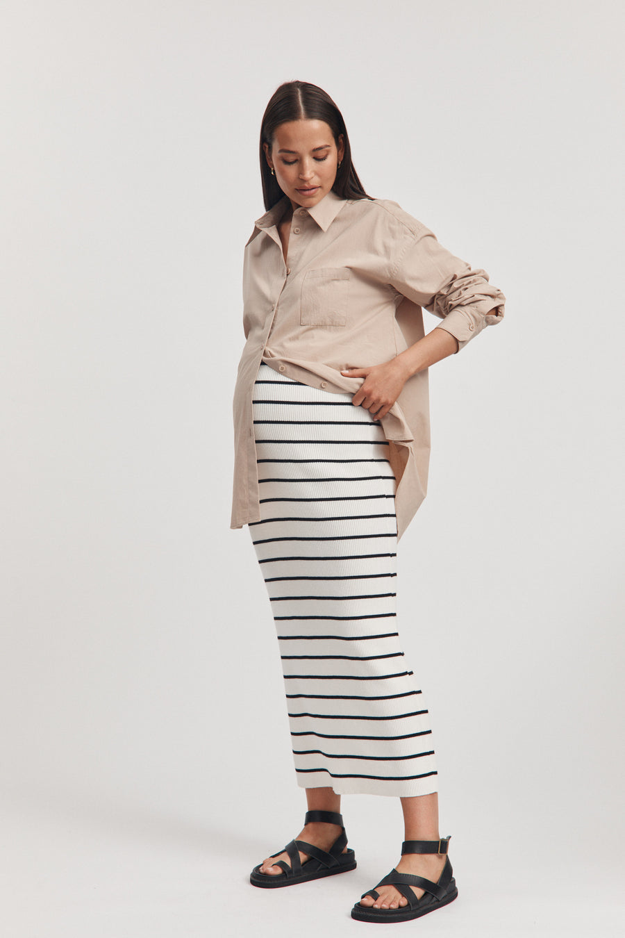 Ribbed Maternity Maxi Skirt (Stripe) 7