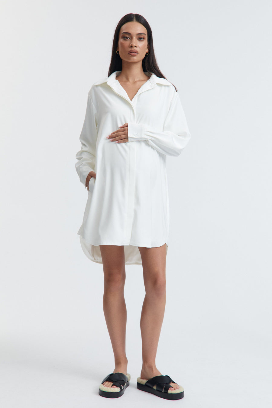 Satin Maternity Shirtdress (Ivory) 6