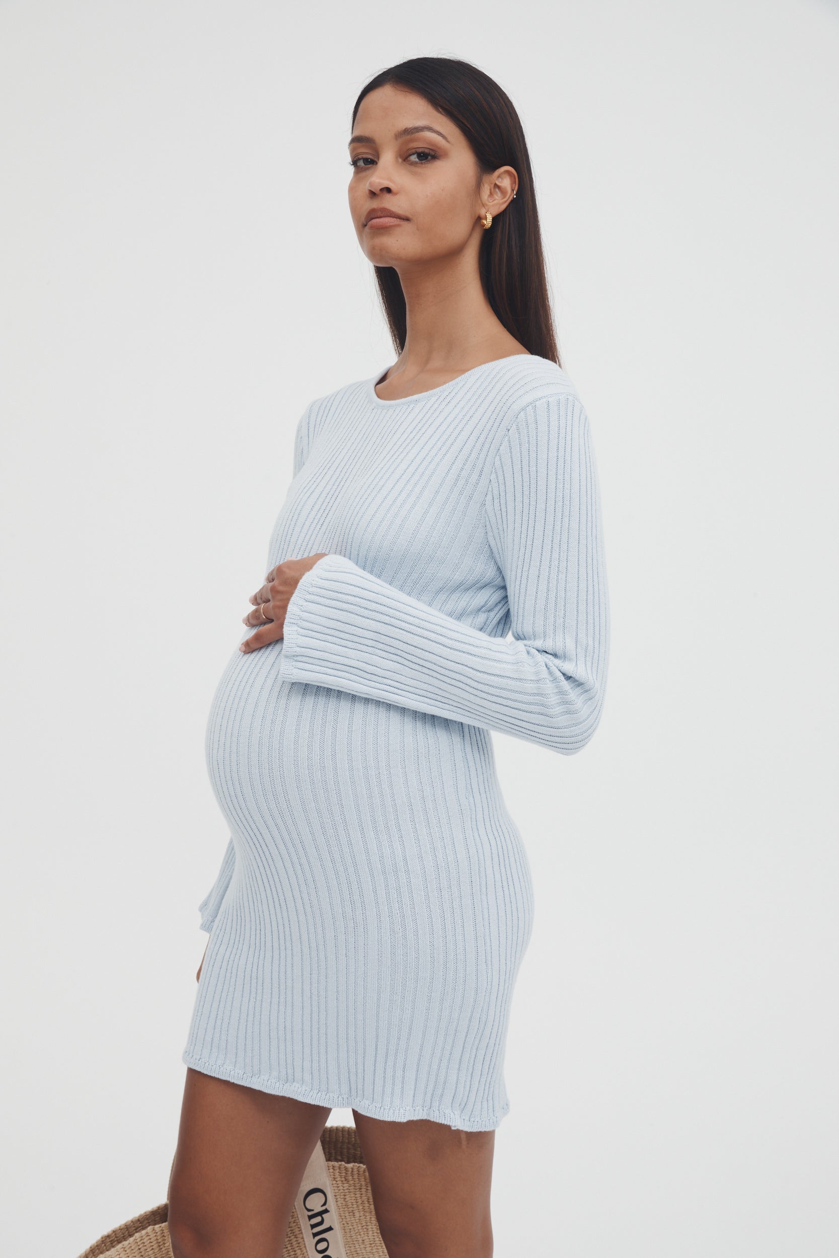 light blue bump friendly dress Metallic Blue Baby Shower Gown with drape Neckline, Pregnant Guest Outfit   Chic Bump Club