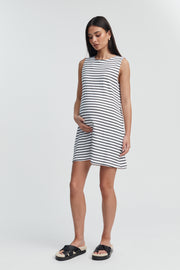 Sleeveless Organic Cotton Maternity Dress (White/Black Stripe) 1