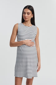 Sleeveless Organic Cotton Maternity Dress (White/Black Stripe)
