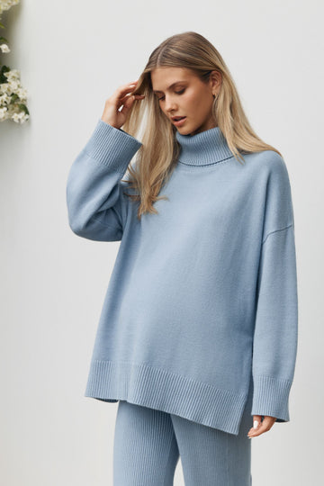 Soft High Neck Maternity Knit Sweater (Pacific Blue) 1