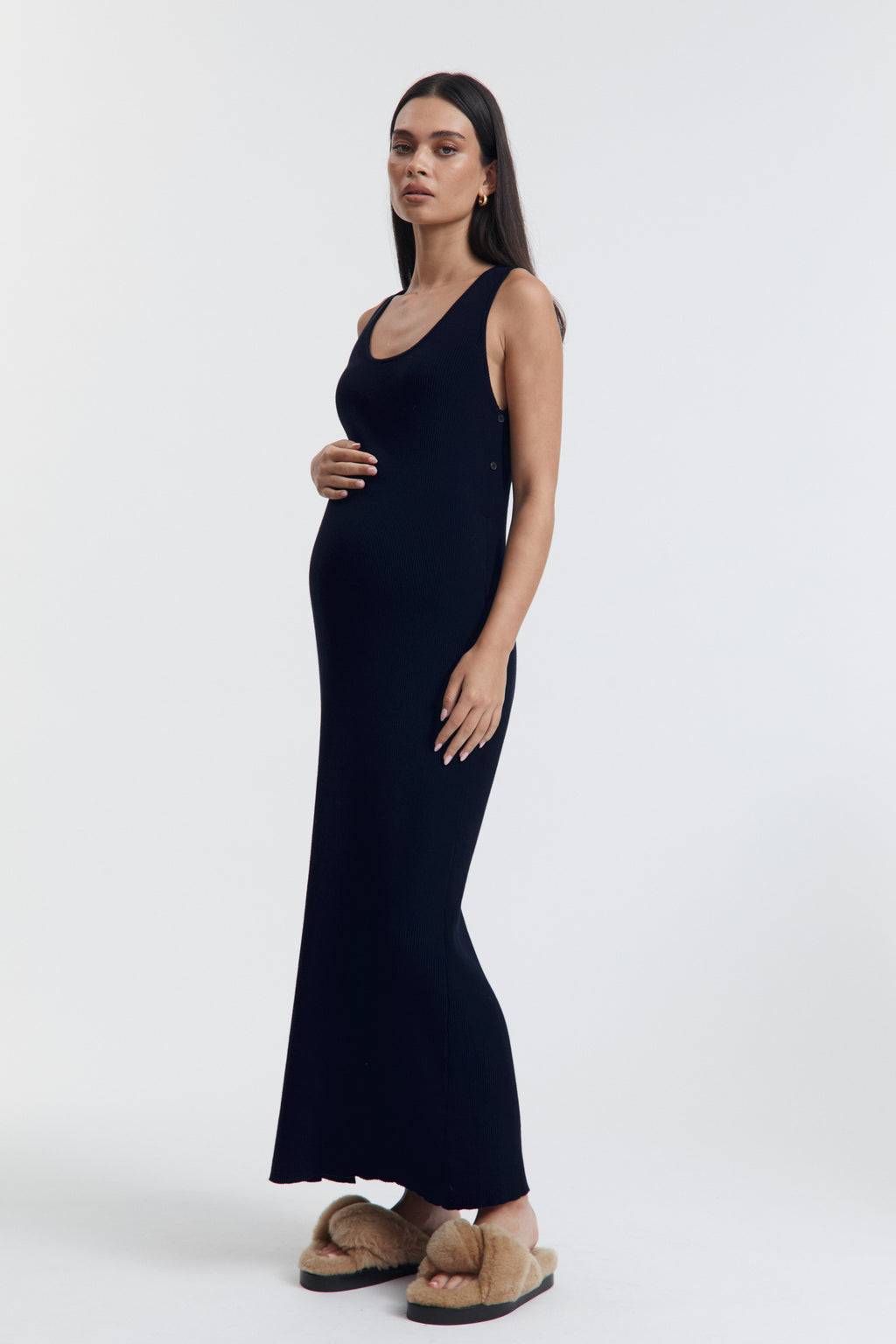 navy blue dress for baby girl Momyknows Blue Off Shoulder Long Sleeve High Split Satin Bodycon Solid Baby  Shower Party Gown Maternity Maxi Dress main image 0