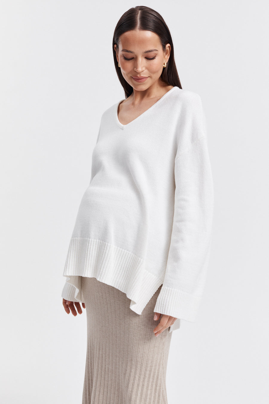 Stylish Breastfeeding Friendly V Neck Jumper (White) 6