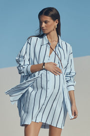Stylish Cotton Button Down Maternity Dress (Blue Stripe) 8