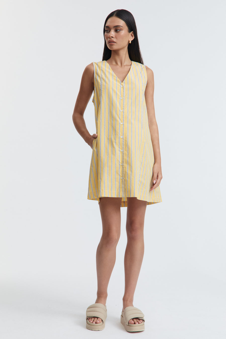 Stylish Cotton Button Down Maternity Dress (Lemon Stripe) 1